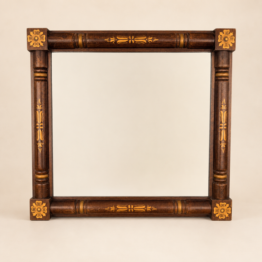 Vintage Hitchcock stenciled wall mirror with turned columns and gold rosettes, front view