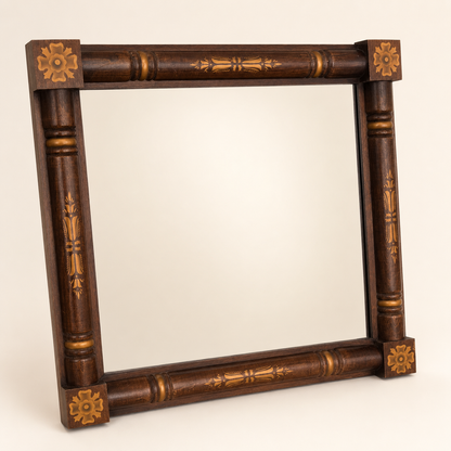 Angled view of vintage Hitchcock stenciled column mirror