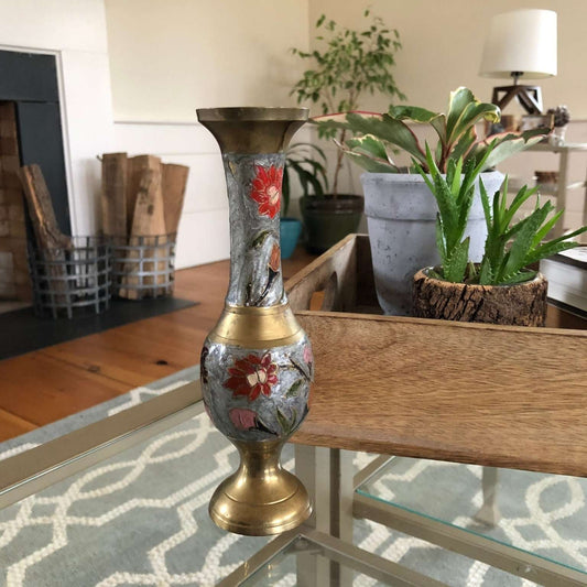 Vintage Indian etched brass bud vase with red floral enamel on silver gray, photo 1 of 10