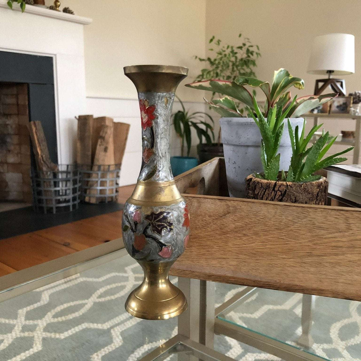 Vintage Indian etched brass bud vase with red floral enamel on silver gray, photo 2 of 10