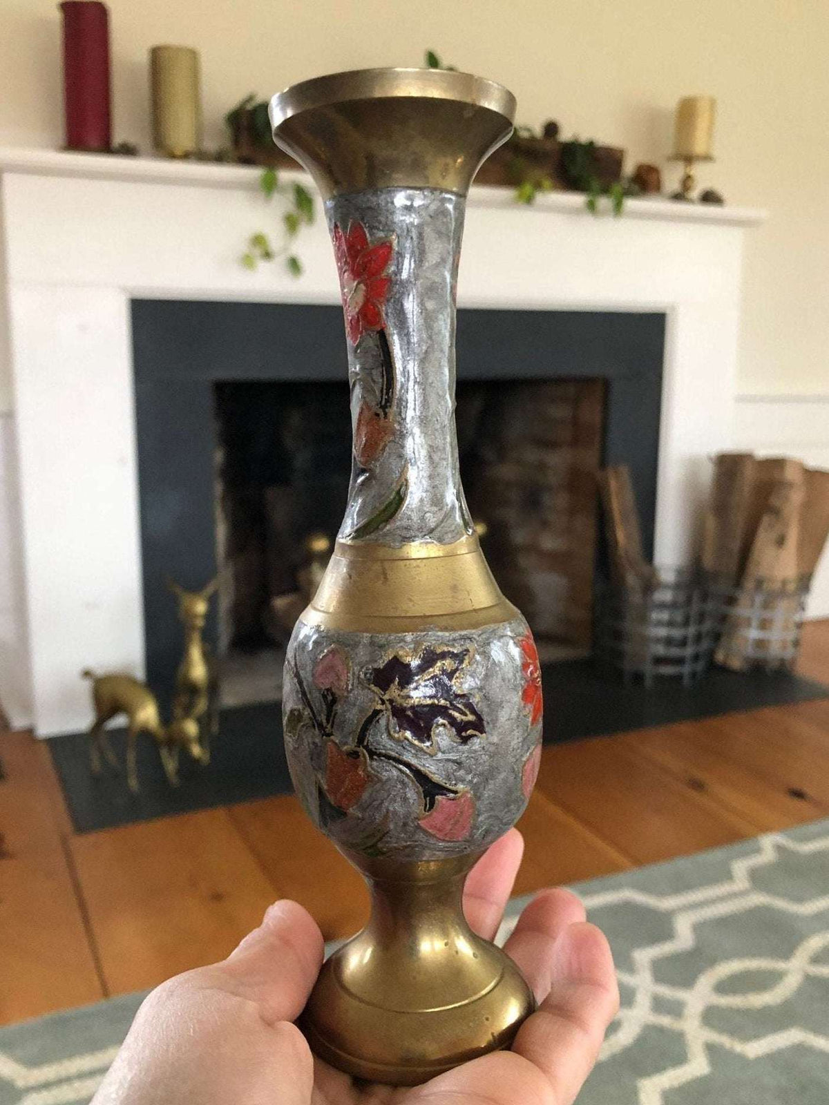 Vintage Indian etched brass bud vase with red floral enamel on silver gray, photo 3 of 10