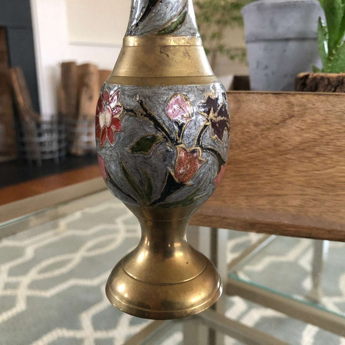 Vintage Indian etched brass bud vase with red floral enamel on silver gray, photo 5 of 10