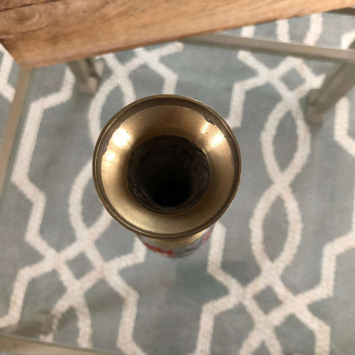 Vintage Indian etched brass bud vase with red floral enamel on silver gray, photo 9 of 10