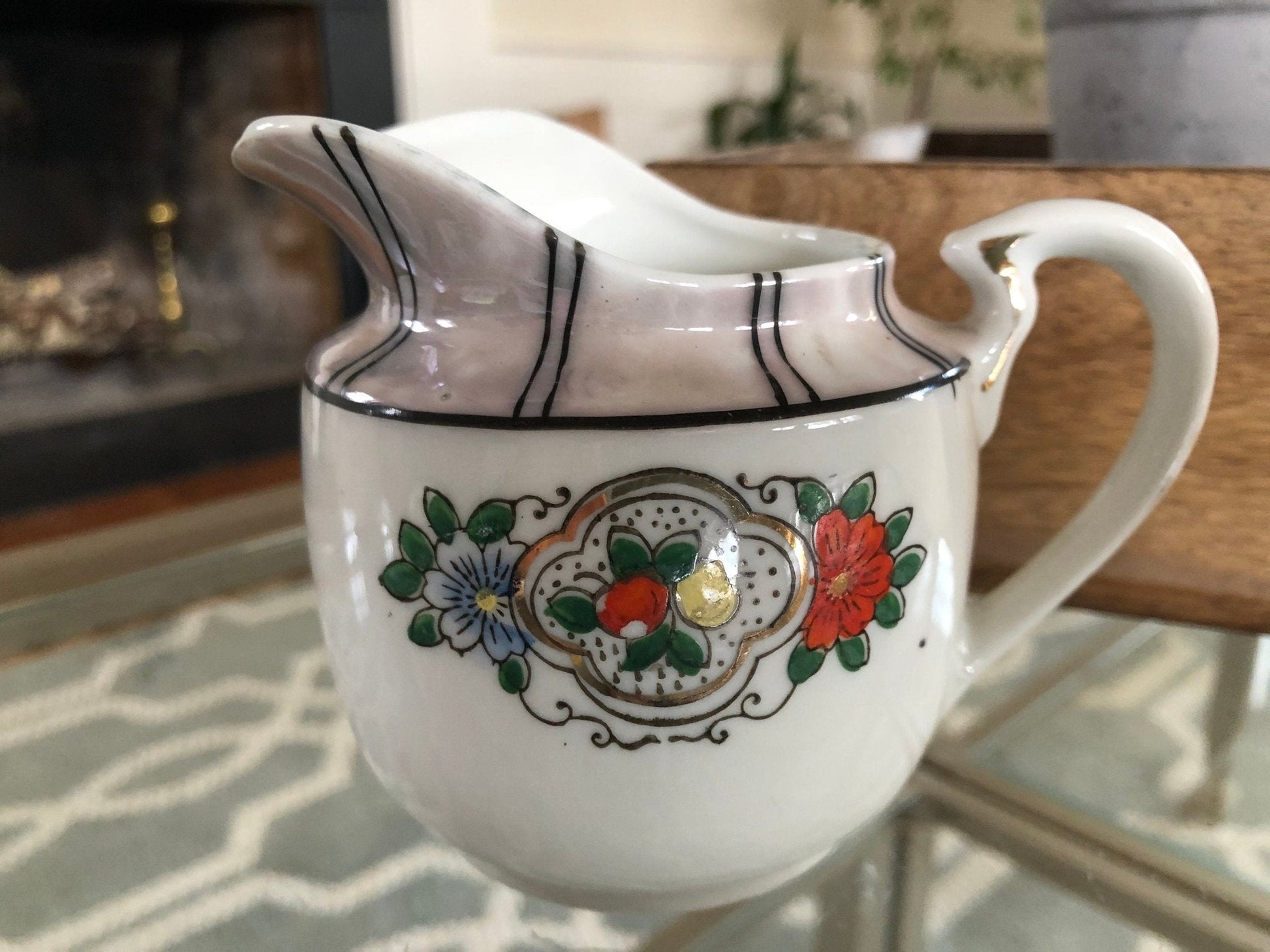 Vintage Iridescent Japanese Creamer, Floral Pitcher, Gold Detailing, Hand Painted, Home Decor, Japan Style Jug - Loom Vintage