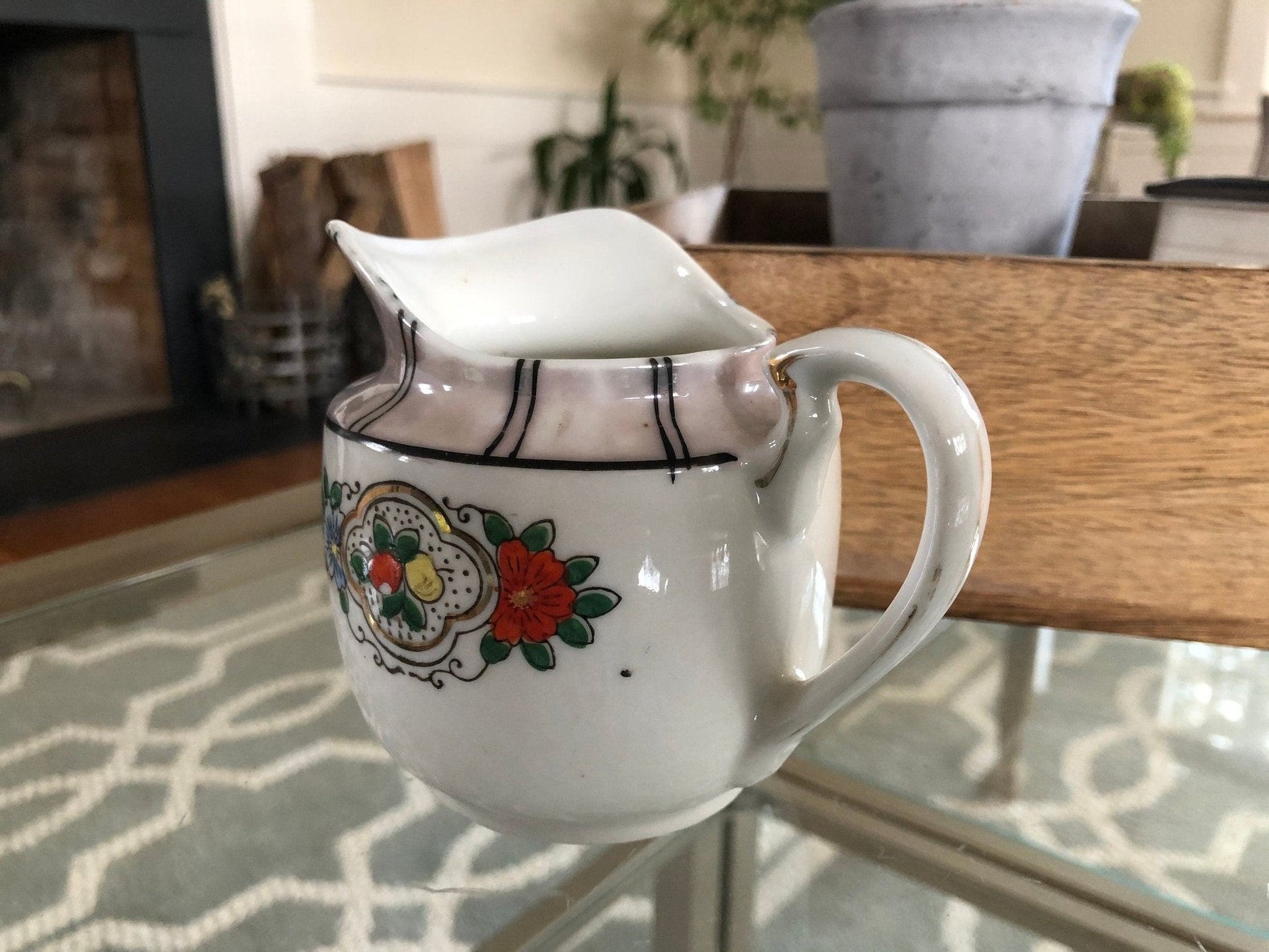 Vintage Iridescent Japanese Creamer, Floral Pitcher, Gold Detailing, Hand Painted, Home Decor, Japan Style Jug - Loom Vintage