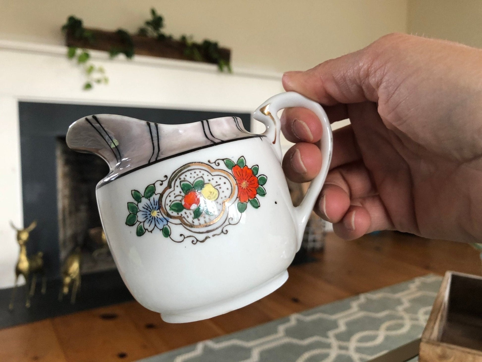 Vintage Iridescent Japanese Creamer, Floral Pitcher, Gold Detailing, Hand Painted, Home Decor, Japan Style Jug - Loom Vintage