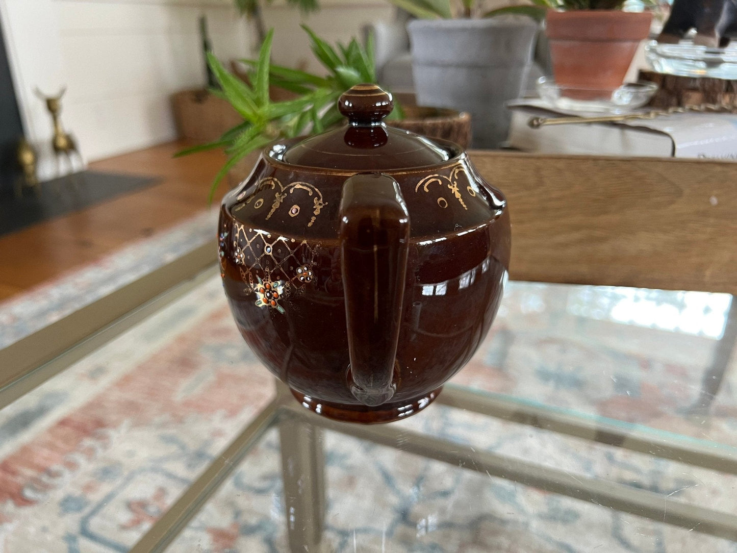 Vintage Japan Redware Teapot, Ceramic Royal Hand Painted Brown Tea Pot - Loom Vintage