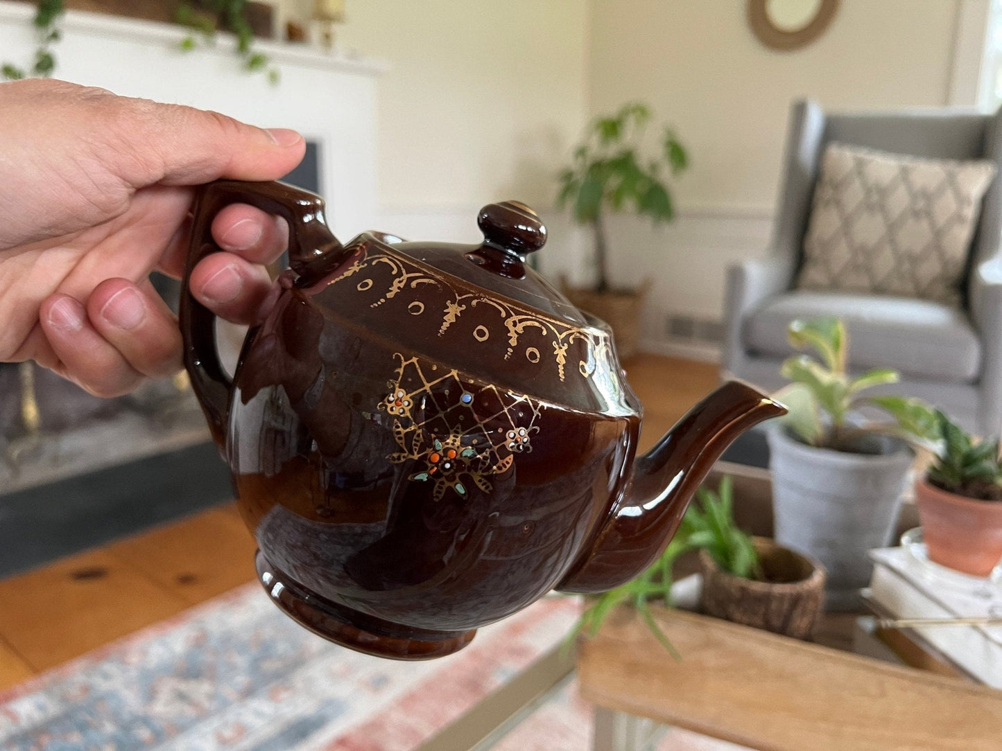 Vintage Japan Redware Teapot, Ceramic Royal Hand Painted Brown Tea Pot - Loom Vintage