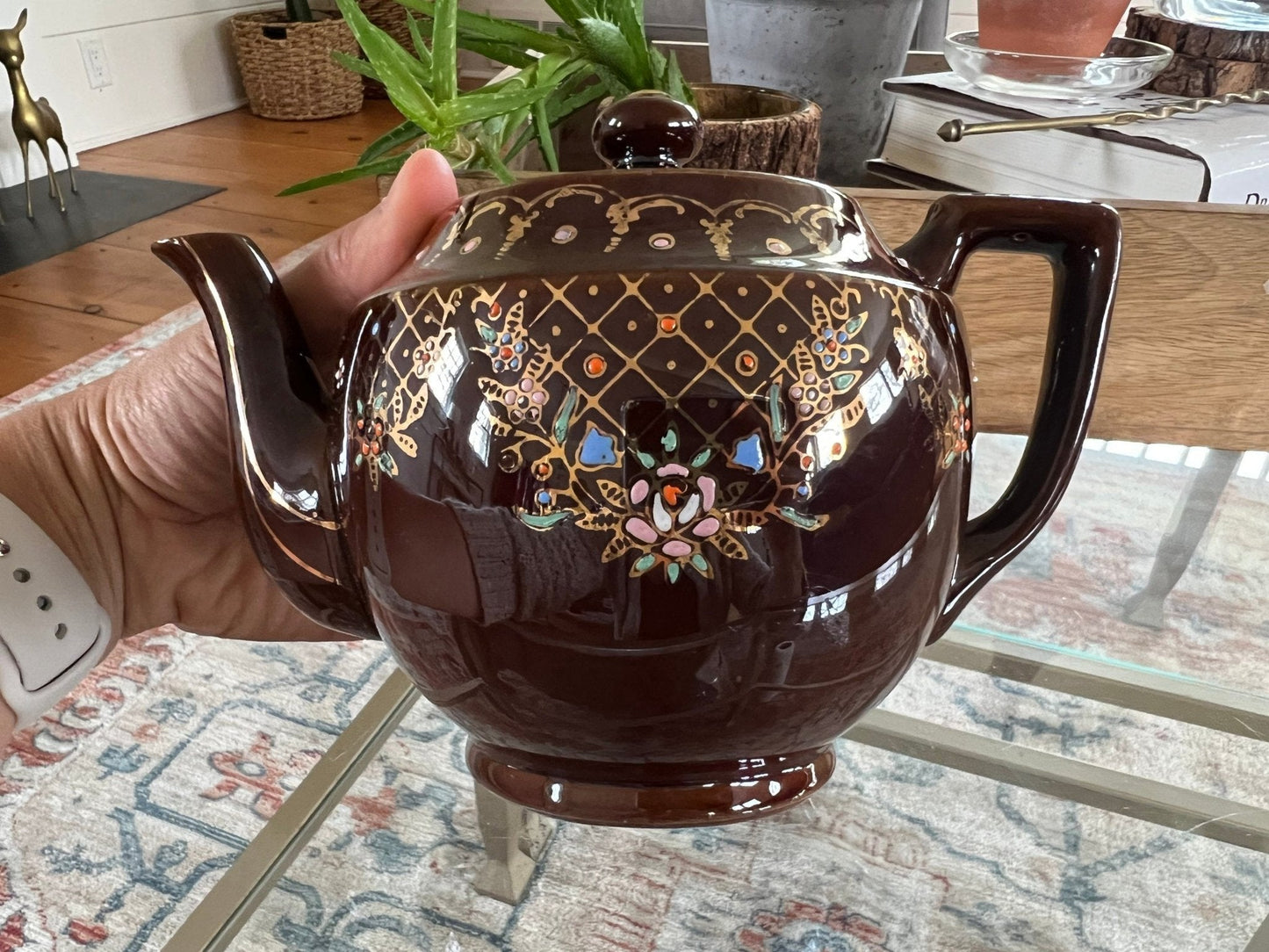 Vintage Japan Redware Teapot, Ceramic Royal Hand Painted Brown Tea Pot - Loom Vintage