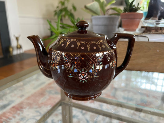 Vintage Japan Redware Teapot, Ceramic Royal Hand Painted Brown Tea Pot - Loom Vintage