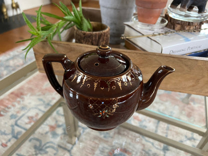 Vintage Japan Redware Teapot, Ceramic Royal Hand Painted Brown Tea Pot - Loom Vintage