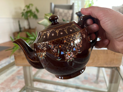 Vintage Japan Redware Teapot, Ceramic Royal Hand Painted Brown Tea Pot - Loom Vintage