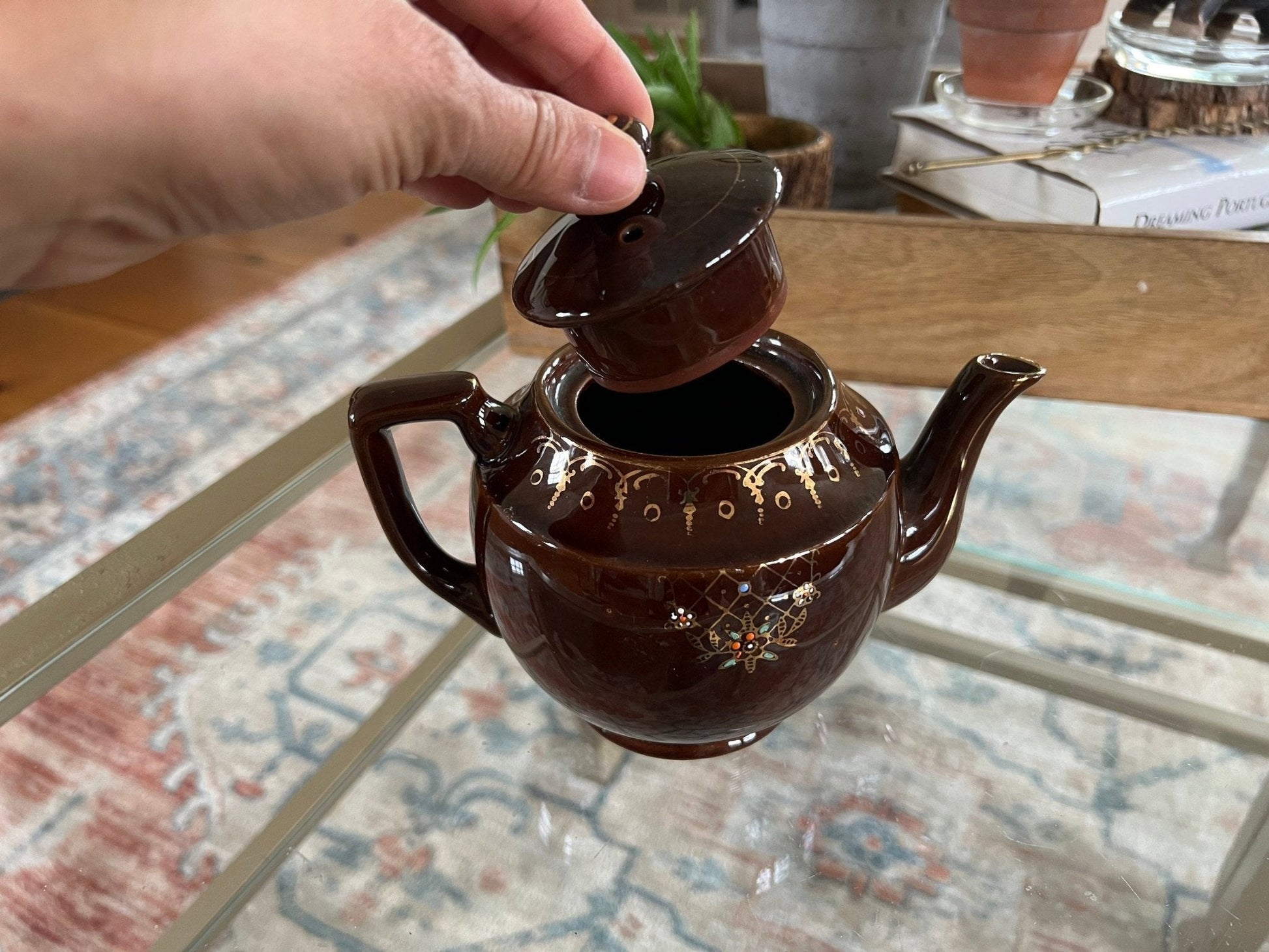 Vintage Japan Redware Teapot, Ceramic Royal Hand Painted Brown Tea Pot - Loom Vintage
