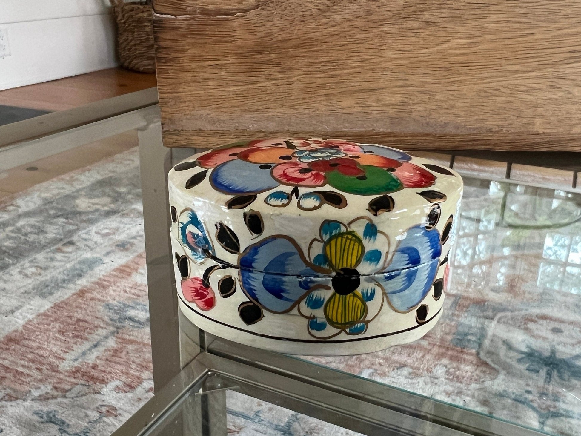 Vintage Lacquered Floral Wooden Box, Hand Painted Ring Box, Small Jewelry Box, Trinket Holder, Catch All - Loom Vintage
