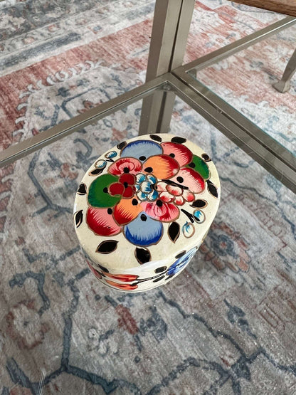 Vintage Lacquered Floral Wooden Box, Hand Painted Ring Box, Small Jewelry Box, Trinket Holder, Catch All - Loom Vintage
