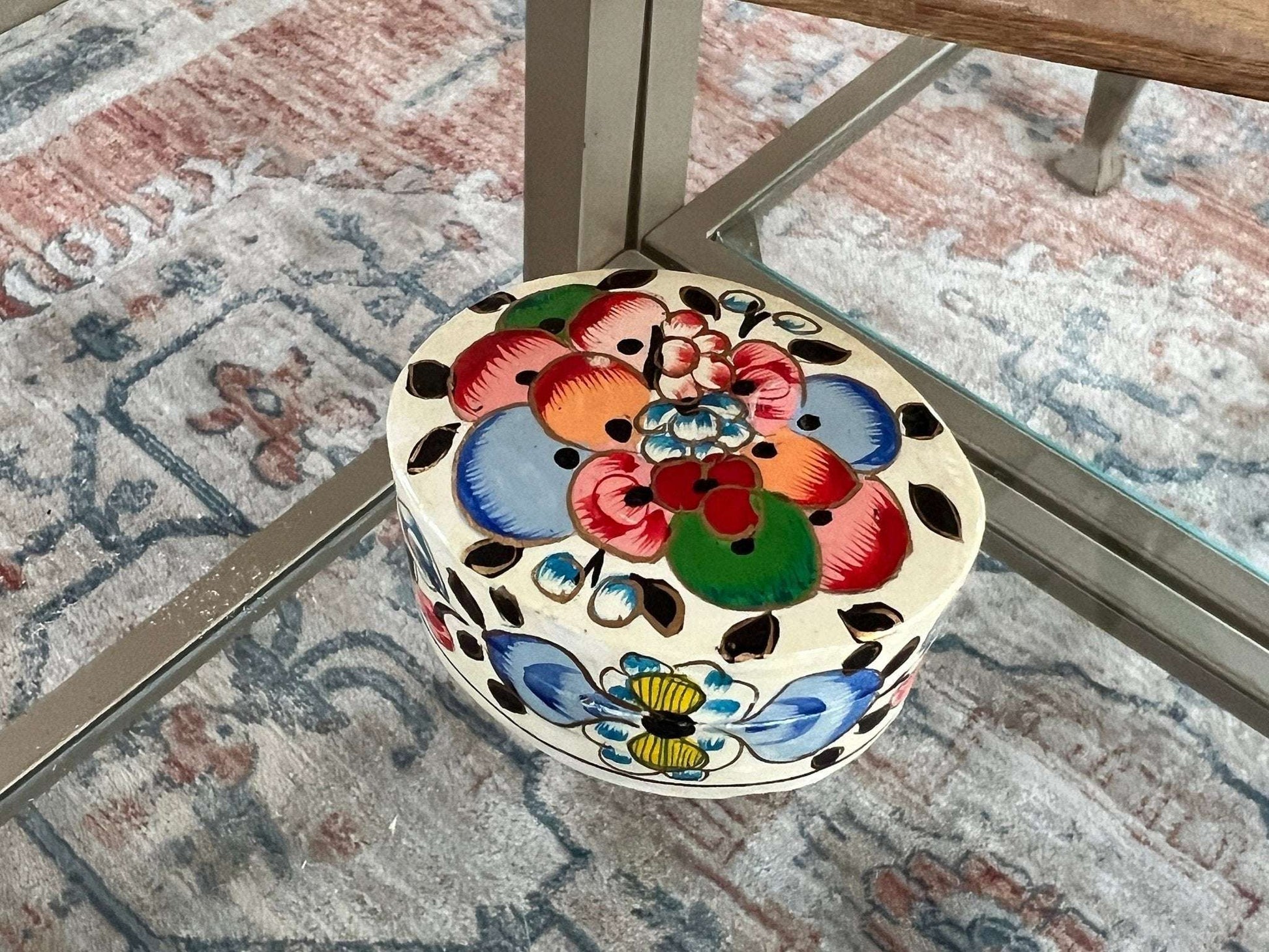Vintage Lacquered Floral Wooden Box, Hand Painted Ring Box, Small Jewelry Box, Trinket Holder, Catch All - Loom Vintage