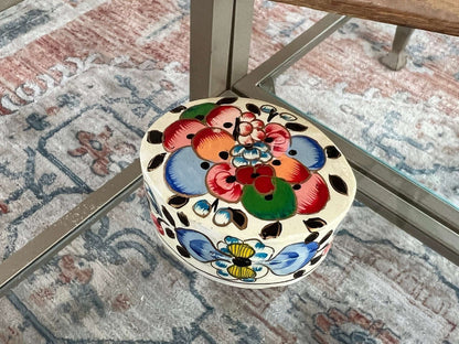 Vintage Lacquered Floral Wooden Box, Hand Painted Ring Box, Small Jewelry Box, Trinket Holder, Catch All - Loom Vintage