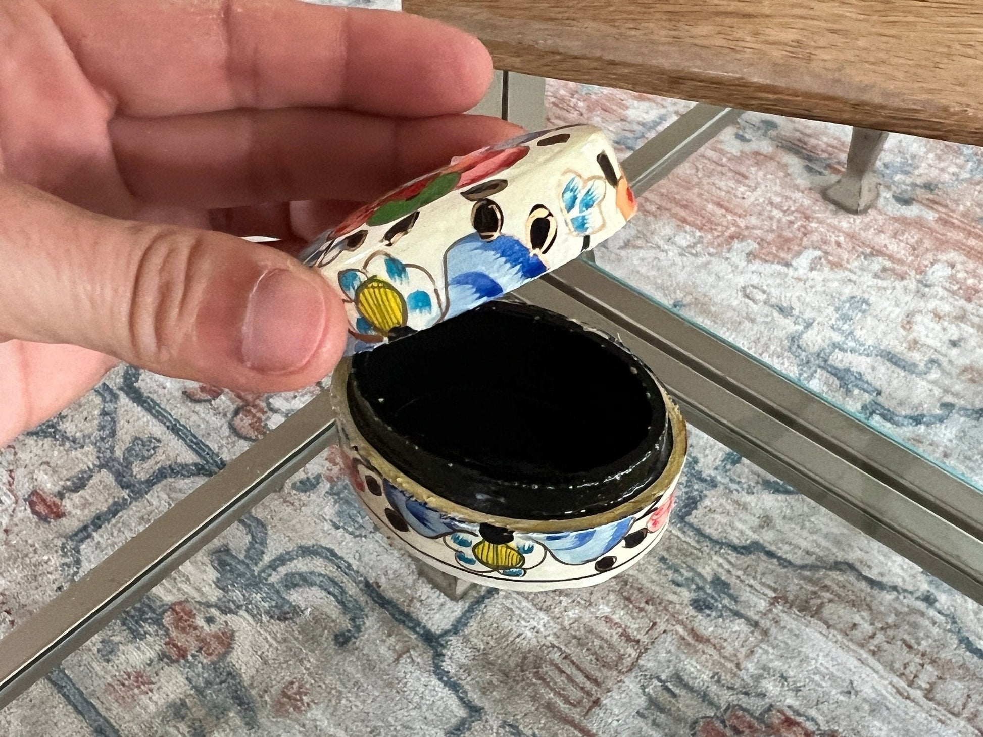 Vintage Lacquered Floral Wooden Box, Hand Painted Ring Box, Small Jewelry Box, Trinket Holder, Catch All - Loom Vintage