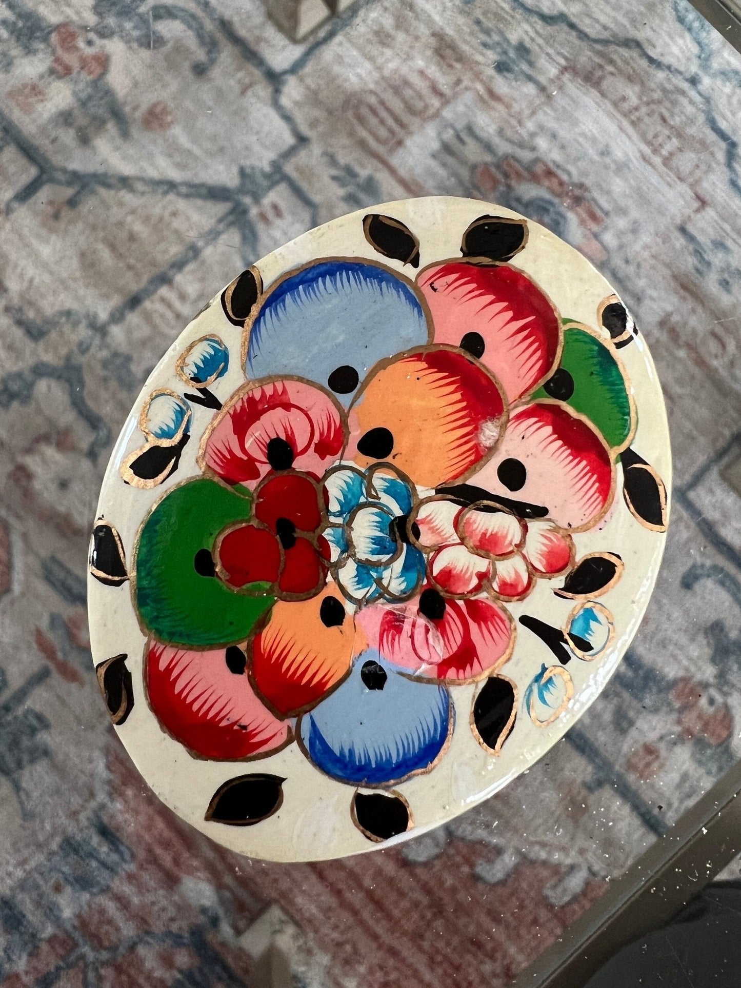 Vintage Lacquered Floral Wooden Box, Hand Painted Ring Box, Small Jewelry Box, Trinket Holder, Catch All - Loom Vintage