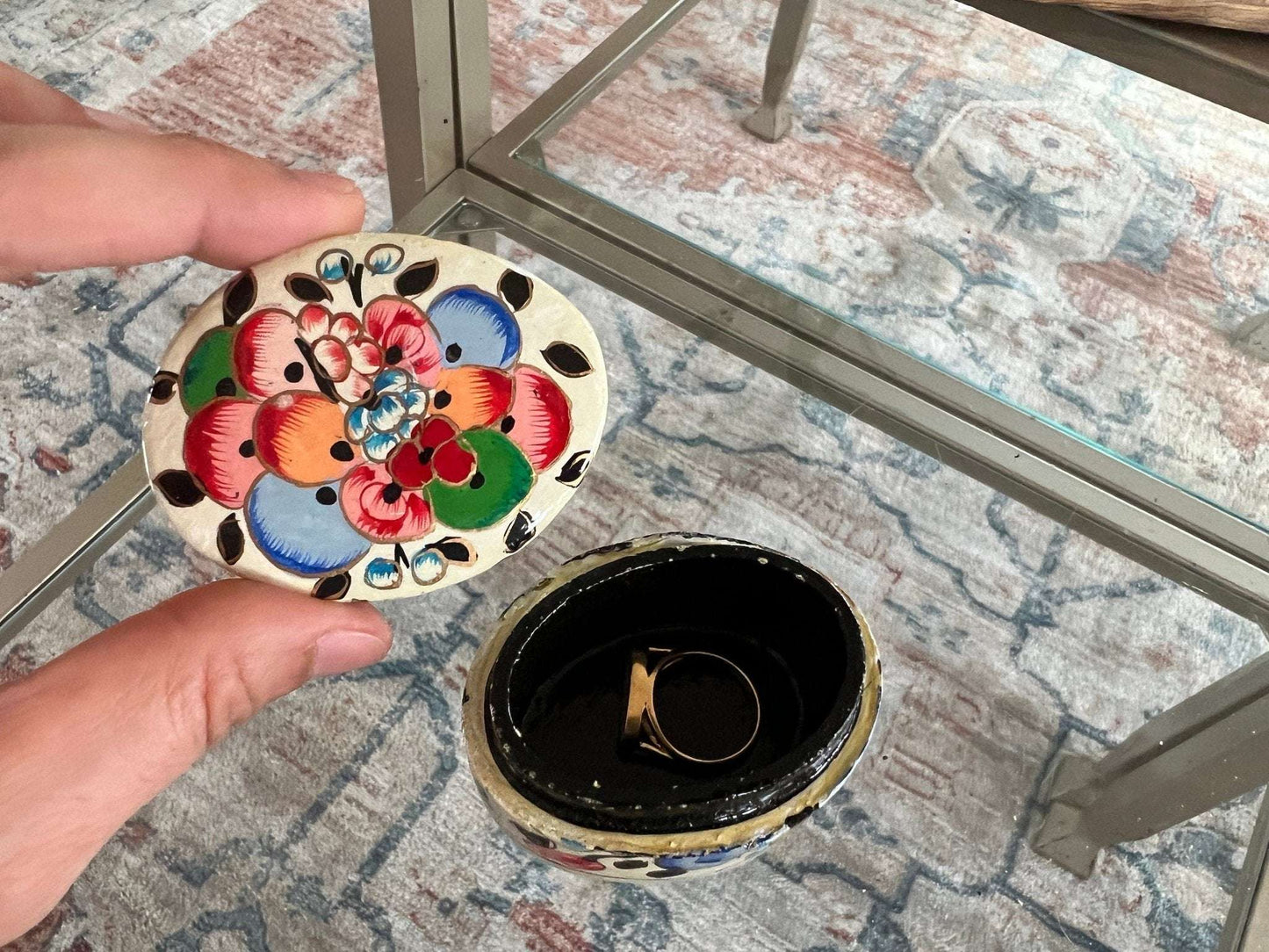 Vintage Lacquered Floral Wooden Box, Hand Painted Ring Box, Small Jewelry Box, Trinket Holder, Catch All - Loom Vintage