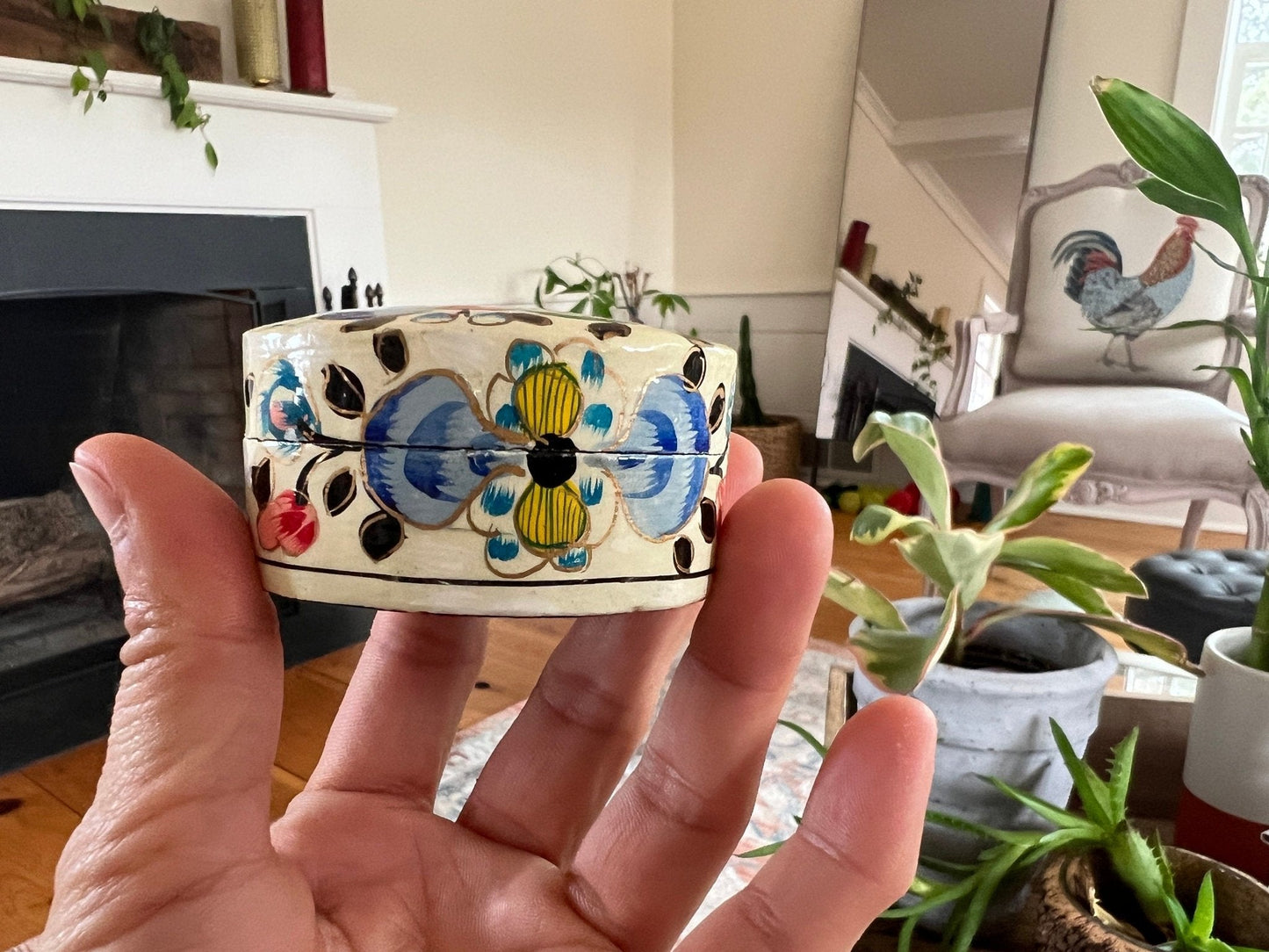Vintage Lacquered Floral Wooden Box, Hand Painted Ring Box, Small Jewelry Box, Trinket Holder, Catch All - Loom Vintage