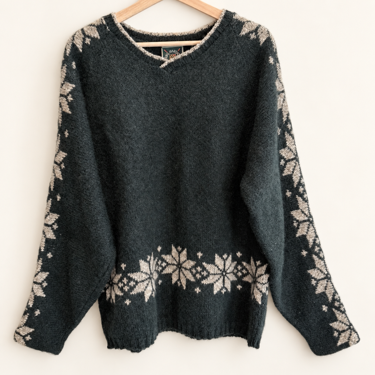 Vintage Lake Harmony forest green Nordic snowflake wool sweater, front view