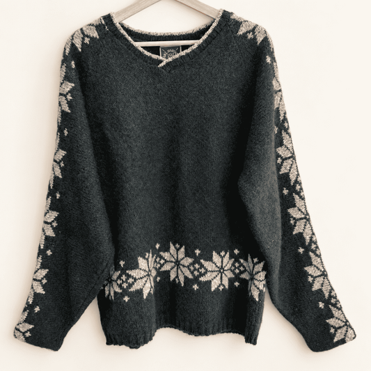 Vintage Lake Harmony forest green Nordic snowflake wool sweater, front view