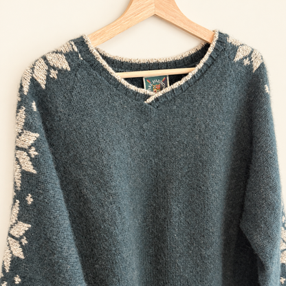 Lake Harmony V-neck sweater with cream Nordic snowflakes, XL