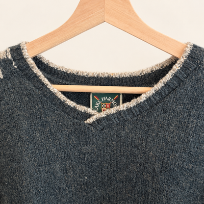 V-neckline and shoulder of green Nordic wool sweater