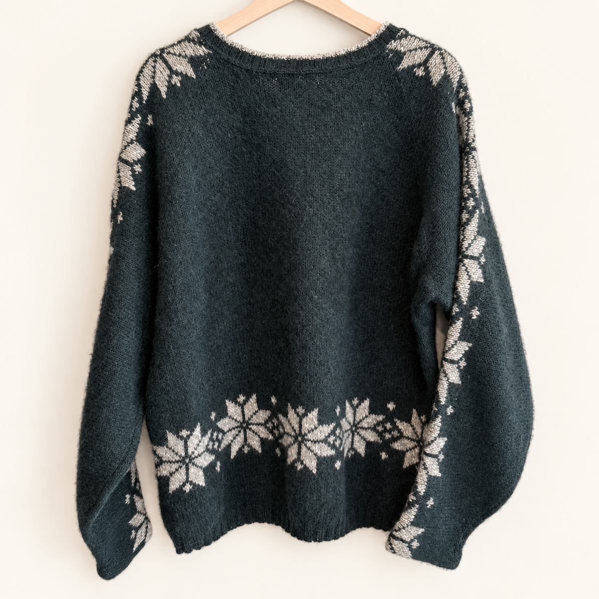 Shoulder snowflake detail on Lake Harmony wool sweater