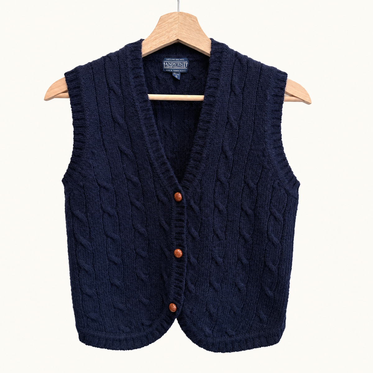 Vintage Lands' End navy Shetland wool cable knit sweater vest, photo 1 of 5