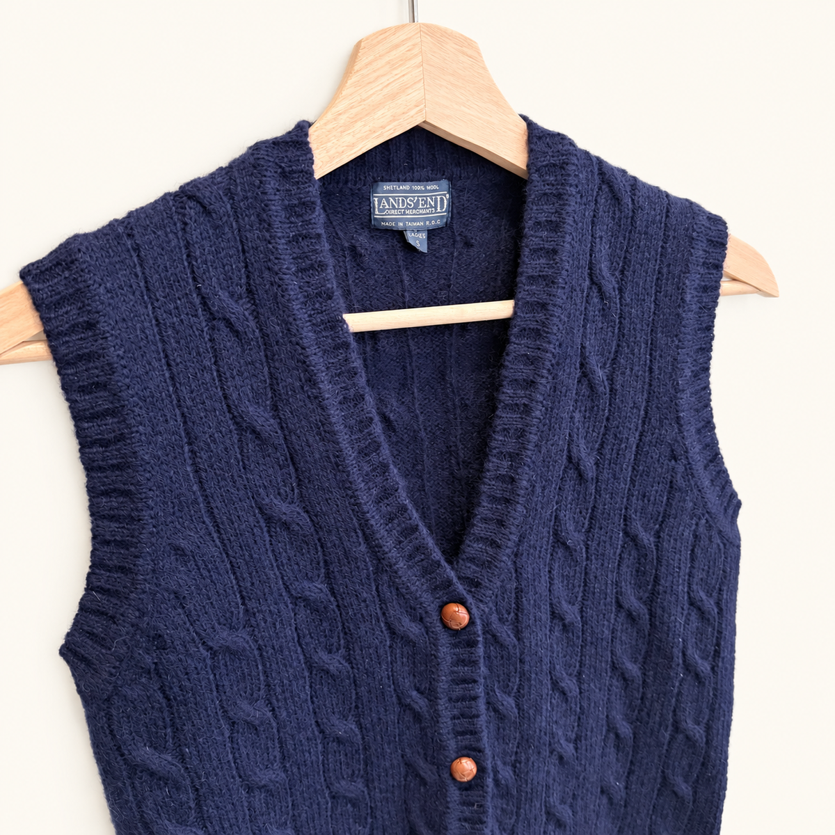 Vintage Lands' End navy Shetland wool cable knit sweater vest, photo 2 of 5