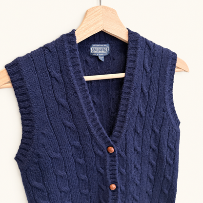 Vintage Lands' End navy Shetland wool cable knit sweater vest, photo 2 of 5