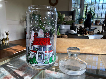 Vintage Large Dunkin' Donuts Glass Canister with Lid, Christmas Snow Village, Advertisement Glass Jar, Storage Jar Container - Loom Vintage
