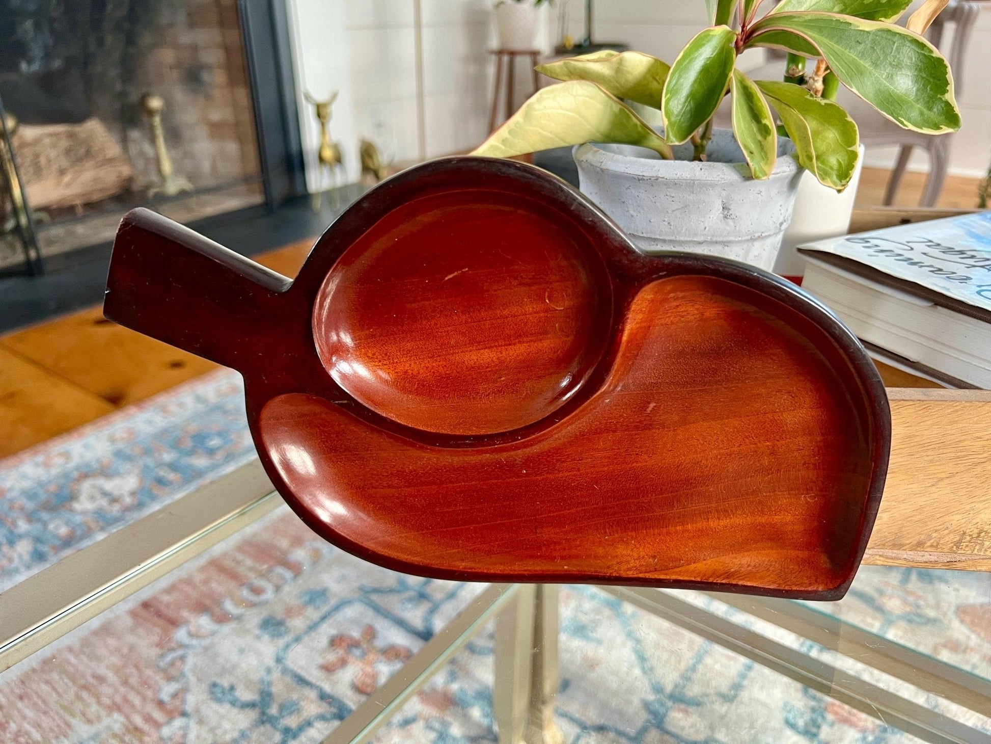 Vintage Leaf Wood Serving Tray, Divided Wooden Dish, 12" Mid Century Modern Plate, Catchall - Loom Vintage