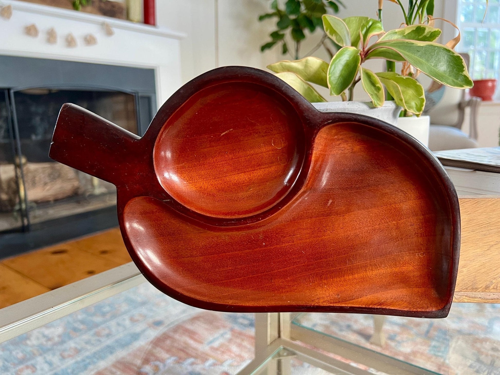Vintage Leaf Wood Serving Tray, Divided Wooden Dish, 12" Mid Century Modern Plate, Catchall - Loom Vintage