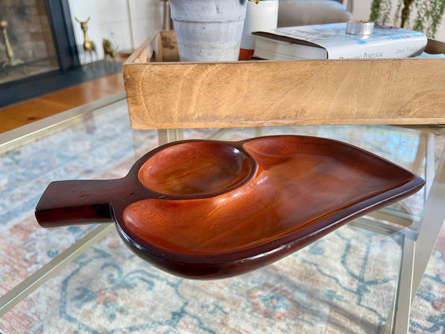 Vintage Leaf Wood Serving Tray, Divided Wooden Dish, 12" Mid Century Modern Plate, Catchall - Loom Vintage