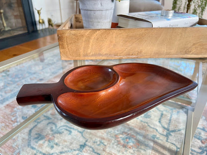 Vintage Leaf Wood Serving Tray, Divided Wooden Dish, 12" Mid Century Modern Plate, Catchall - Loom Vintage