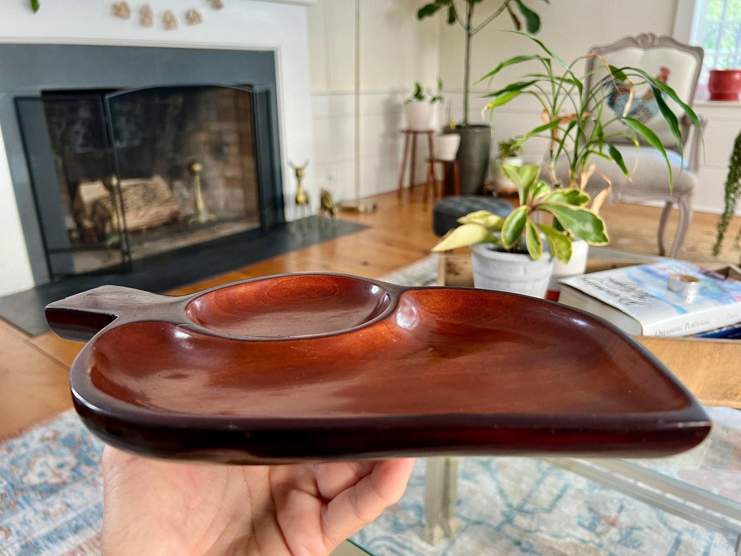 Vintage Leaf Wood Serving Tray, Divided Wooden Dish, 12" Mid Century Modern Plate, Catchall - Loom Vintage