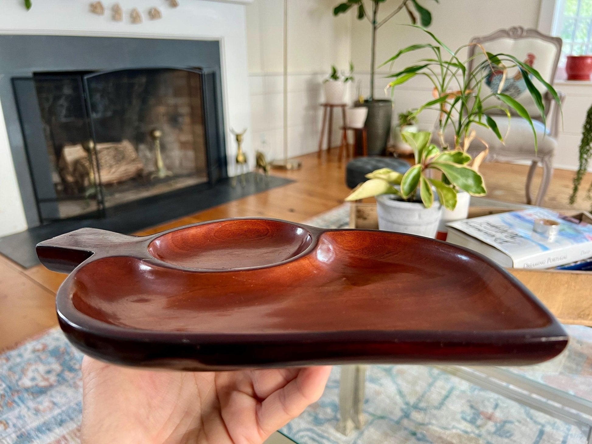 Vintage Leaf Wood Serving Tray, Divided Wooden Dish, 12" Mid Century Modern Plate, Catchall - Loom Vintage