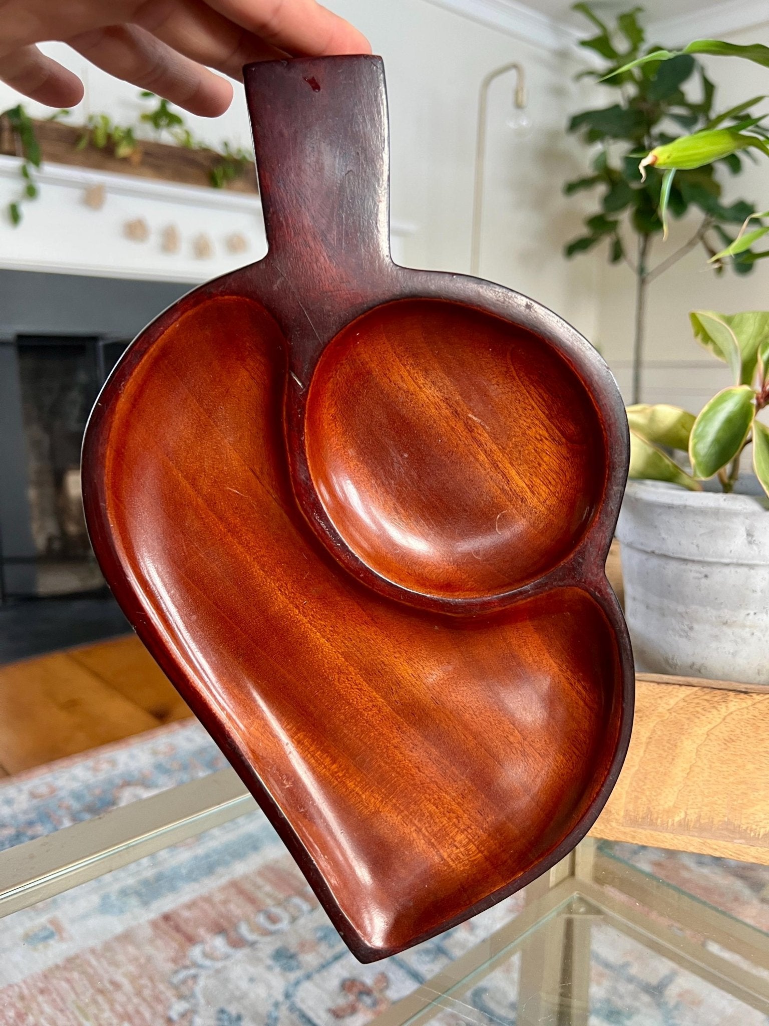 Vintage Leaf Wood Serving Tray, Divided Wooden Dish, 12" Mid Century Modern Plate, Catchall - Loom Vintage