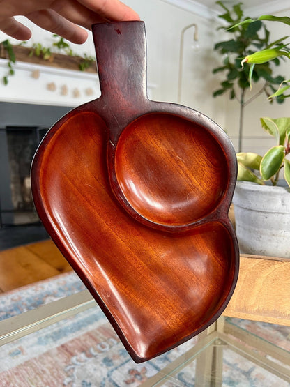 Vintage Leaf Wood Serving Tray, Divided Wooden Dish, 12" Mid Century Modern Plate, Catchall - Loom Vintage