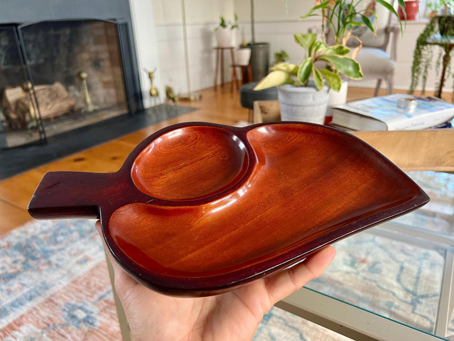 Vintage Leaf Wood Serving Tray, Divided Wooden Dish, 12" Mid Century Modern Plate, Catchall - Loom Vintage