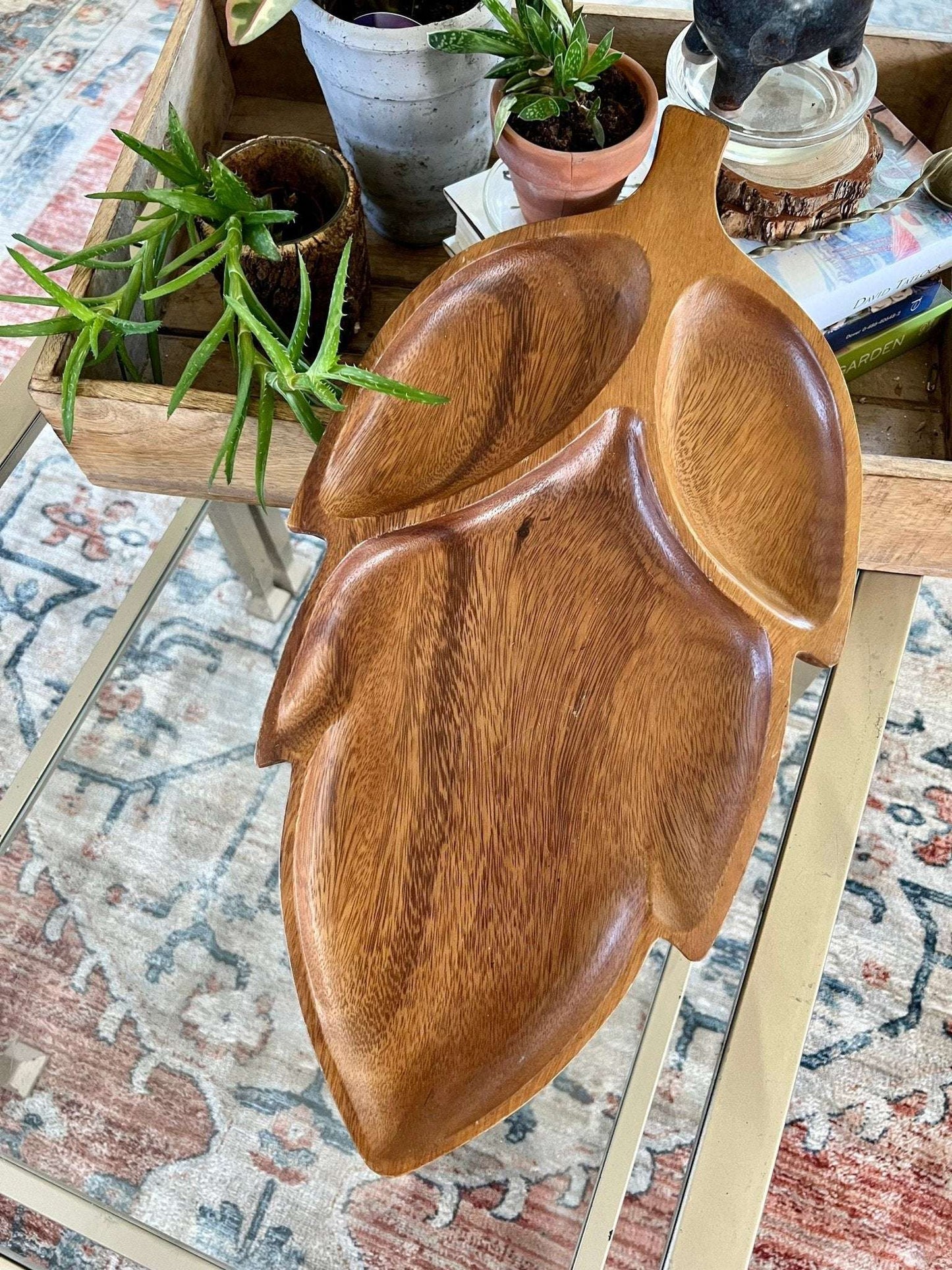 Vintage Leaf Wood Serving Tray, Divided Wooden Dish Bowl 18" Mid Century - Loom Vintage