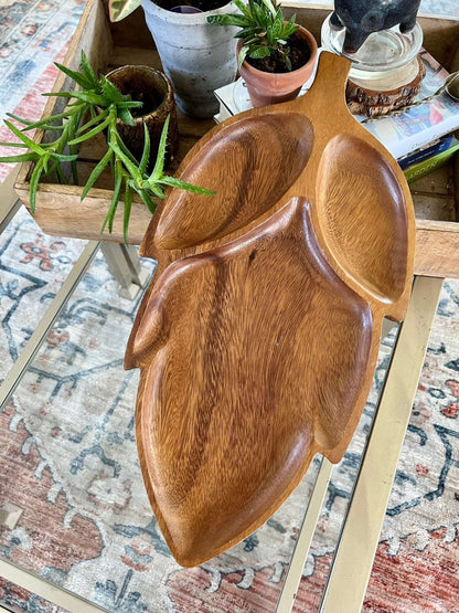 Vintage Leaf Wood Serving Tray, Divided Wooden Dish Bowl 18" Mid Century - Loom Vintage