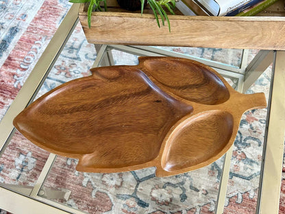 Vintage Leaf Wood Serving Tray, Divided Wooden Dish Bowl 18" Mid Century - Loom Vintage
