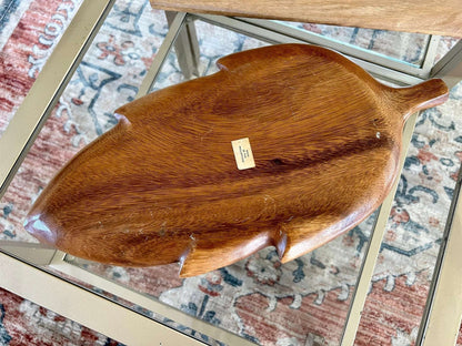 Vintage Leaf Wood Serving Tray, Divided Wooden Dish Bowl 18" Mid Century - Loom Vintage