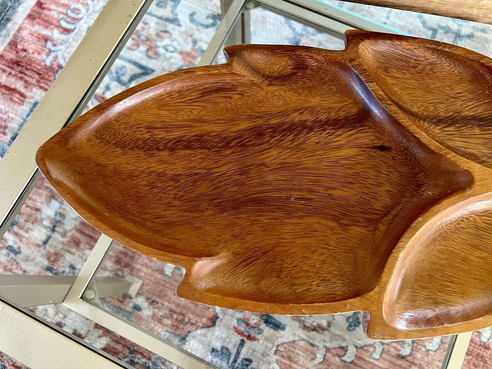 Vintage Leaf Wood Serving Tray, Divided Wooden Dish Bowl 18" Mid Century - Loom Vintage
