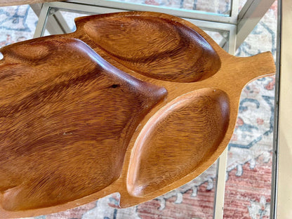 Vintage Leaf Wood Serving Tray, Divided Wooden Dish Bowl 18" Mid Century - Loom Vintage