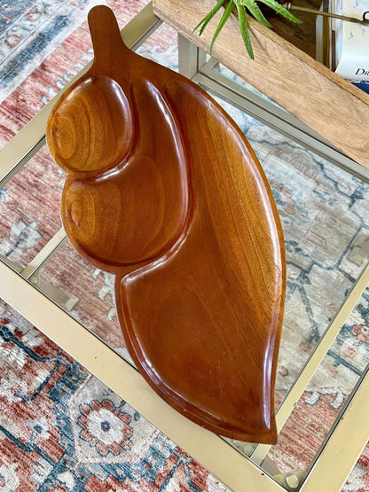 Vintage Leaf Wood Serving Tray, Divided Wooden Dish Bowl 22" Mid Century - Loom Vintage
